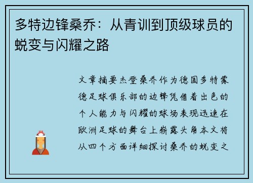 多特边锋桑乔：从青训到顶级球员的蜕变与闪耀之路